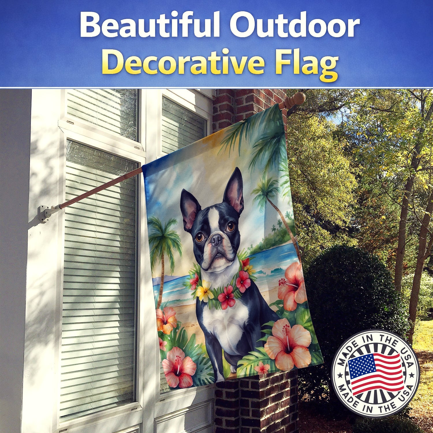 Boston Terrier Luau House Flag 28x40 Porch Sleeve Pole Decorative Outside Yard Banner Artwork Wall Hanging, Polyester