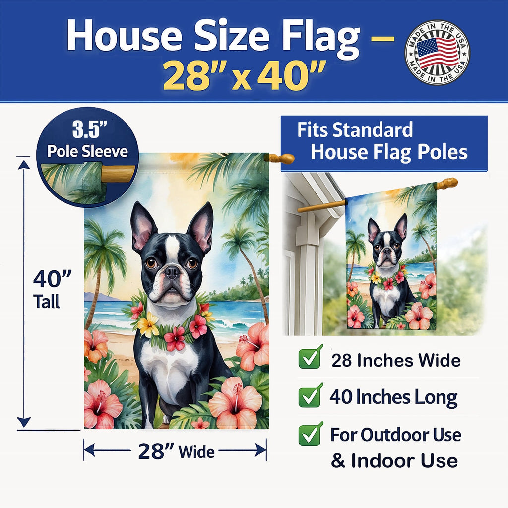 Boston Terrier Luau House Flag 28x40 Porch Sleeve Pole Decorative Outside Yard Banner Artwork Wall Hanging, Polyester