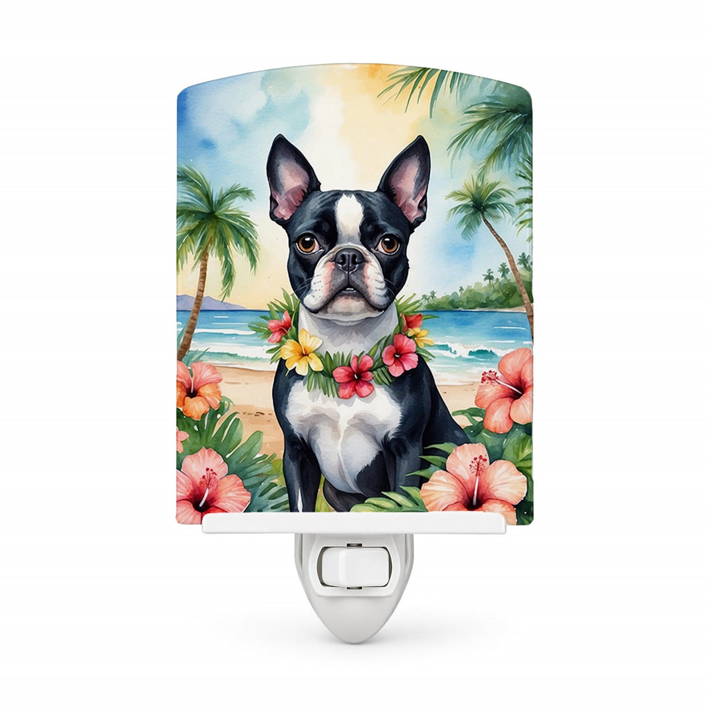 Boston Terrier Luau Ceramic Night Light Compact, UL-Certified, Ideal for Bedroom, Bathroom, Nursery, Hallway, Kitchen, 6x4x3, Multicolor