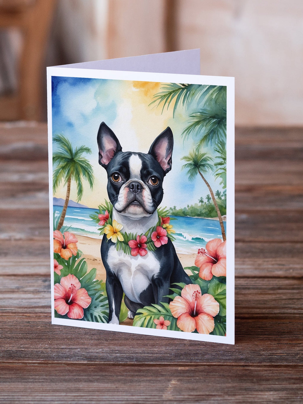 Boston Terrier Luau Greeting Cards Pack of 8 Blank Cards with Envelopes Whimsical A7 Size 5x7