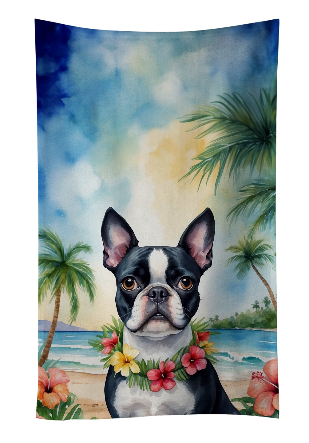Boston Terrier Luau Kitchen Towel Velour Plush Front and Cotton Loop Back Machine Washable
