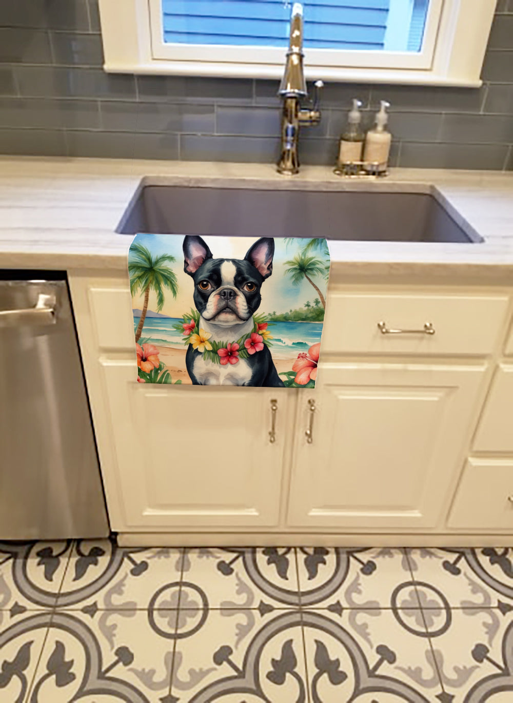 Boston Terrier Luau Kitchen Towel Velour Plush Front and Cotton Loop Back Machine Washable