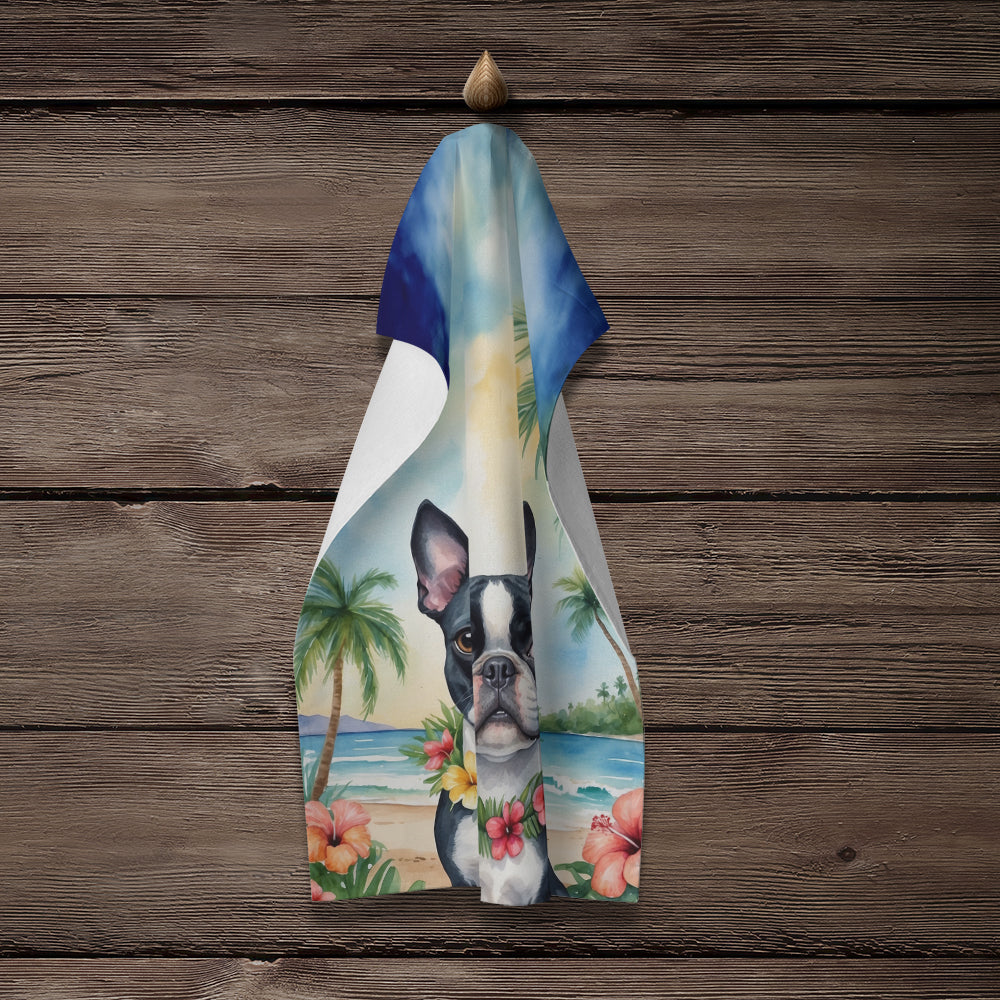 Boston Terrier Luau Kitchen Towel Velour Plush Front and Cotton Loop Back Machine Washable