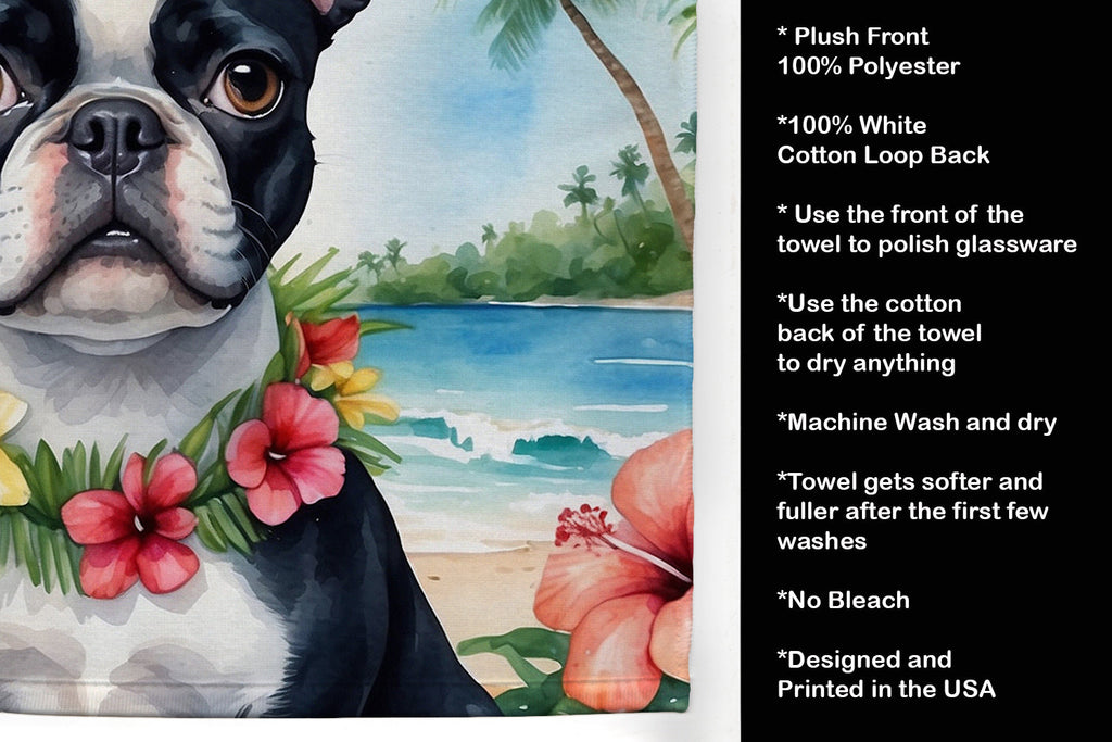 Boston Terrier Luau Kitchen Towel Velour Plush Front and Cotton Loop Back Machine Washable