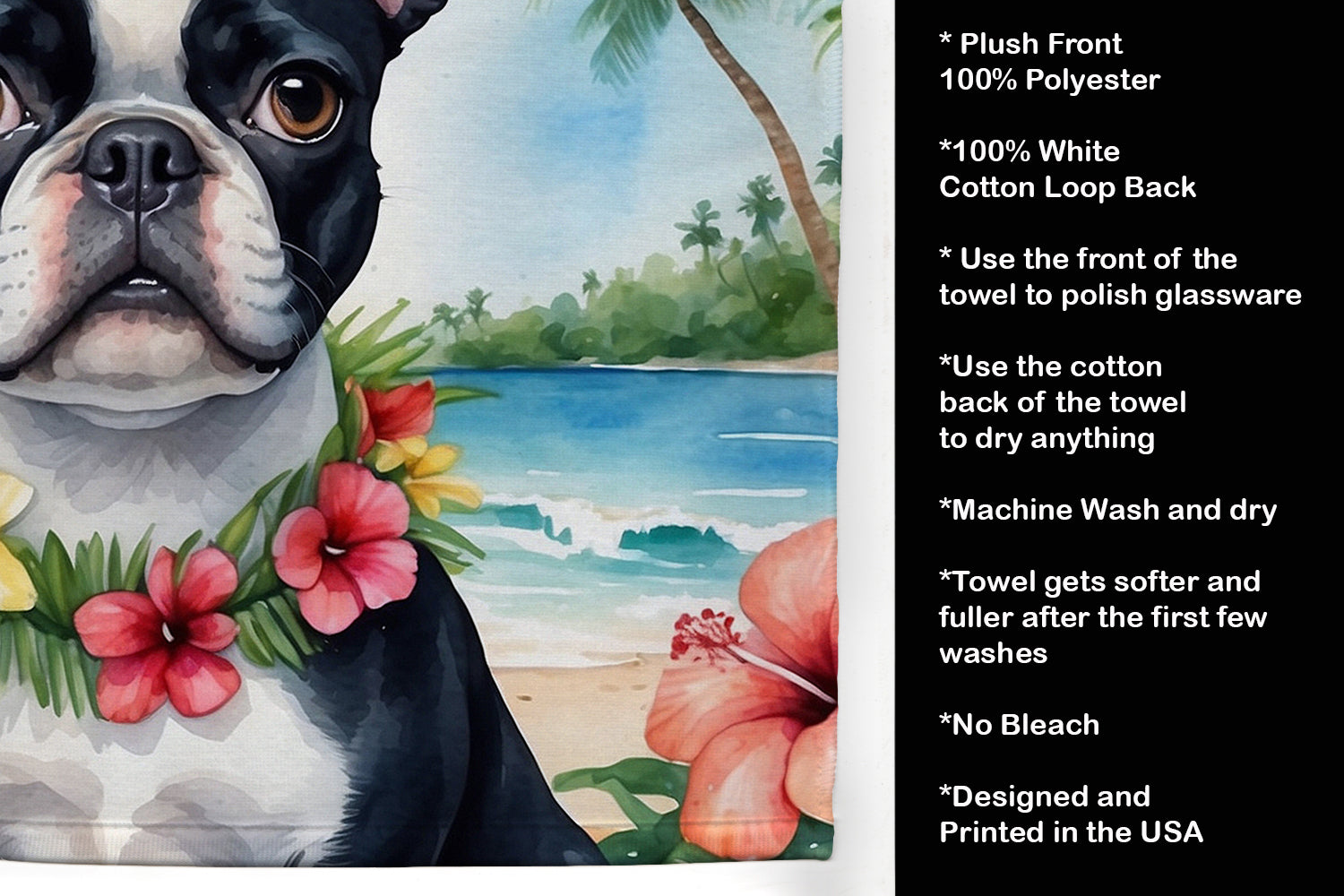 Boston Terrier Luau Kitchen Towel Velour Plush Front and Cotton Loop Back Machine Washable