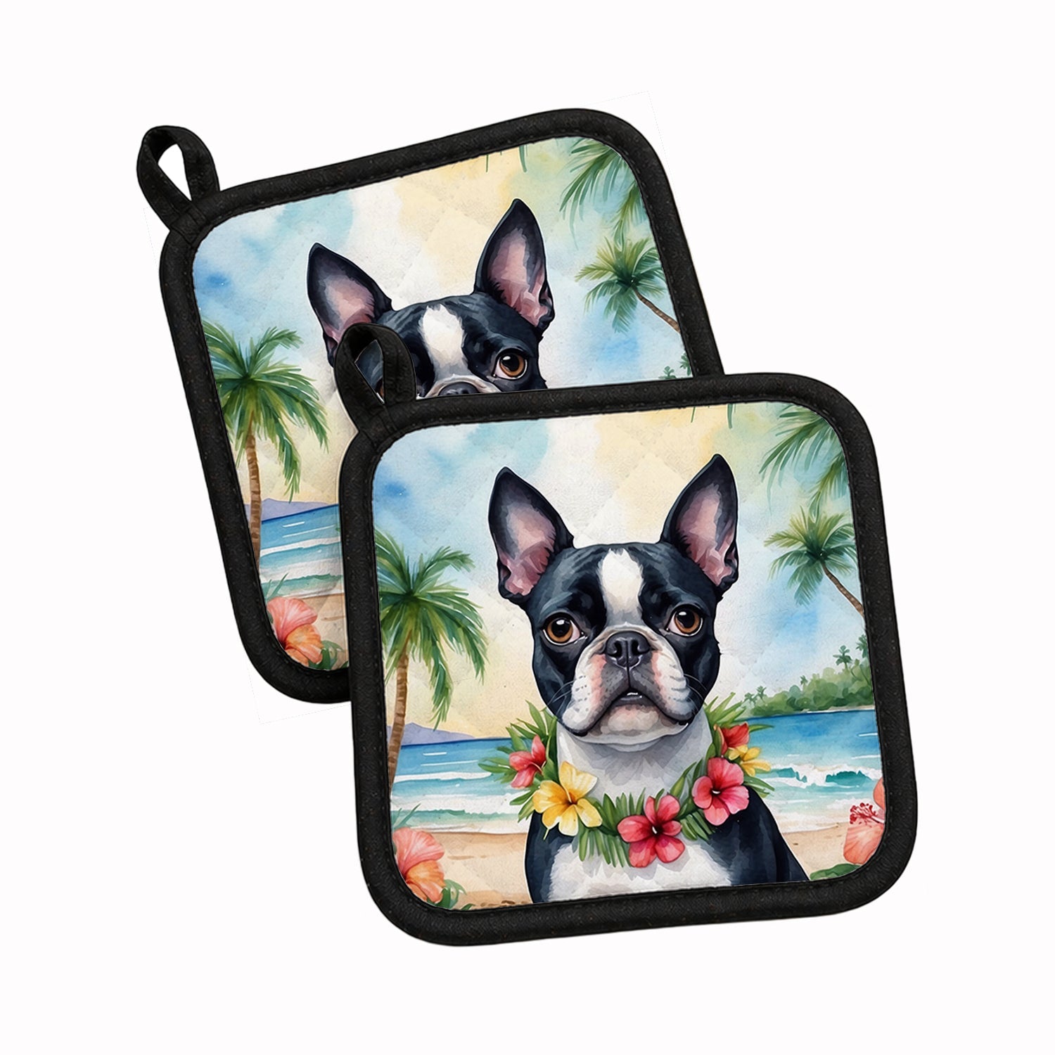 Boston Terrier Luau Pot Holder Set of 2 Heat Resistant Quilted Hot Pads 7.5 x 7.5 Inch, Insulated Kitchen Trivets for Cooking & Baking