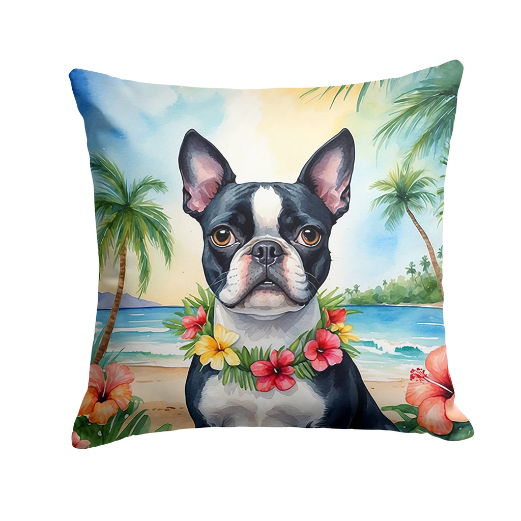Boston Terrier Luau Decorative Throw Pillow 14x14 Indoor Outdoor Accent Cushion, Fabric Cover with Insert for Sofa, Bed, Porch & Living Room
