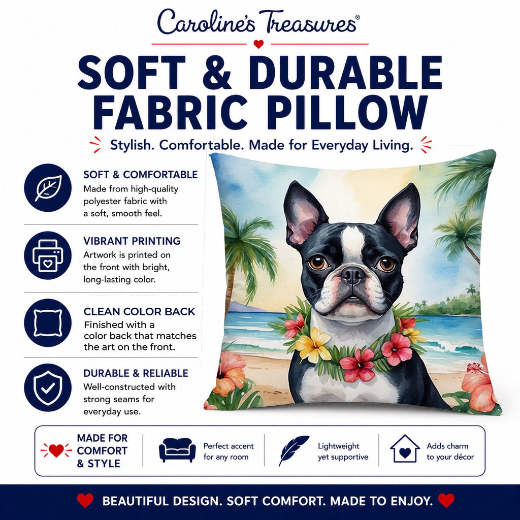 Boston Terrier Luau Decorative Throw Pillow 14x14 Indoor Outdoor Accent Cushion, Fabric Cover with Insert for Sofa, Bed, Porch & Living Room