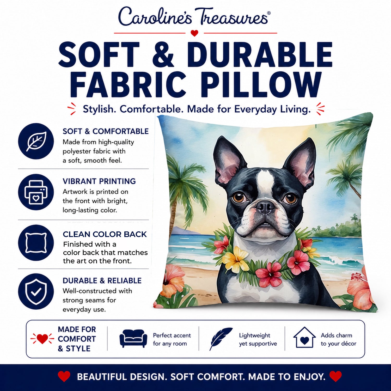 Boston Terrier Luau Decorative Throw Pillow 14x14 Indoor Outdoor Accent Cushion, Fabric Cover with Insert for Sofa, Bed, Porch & Living Room