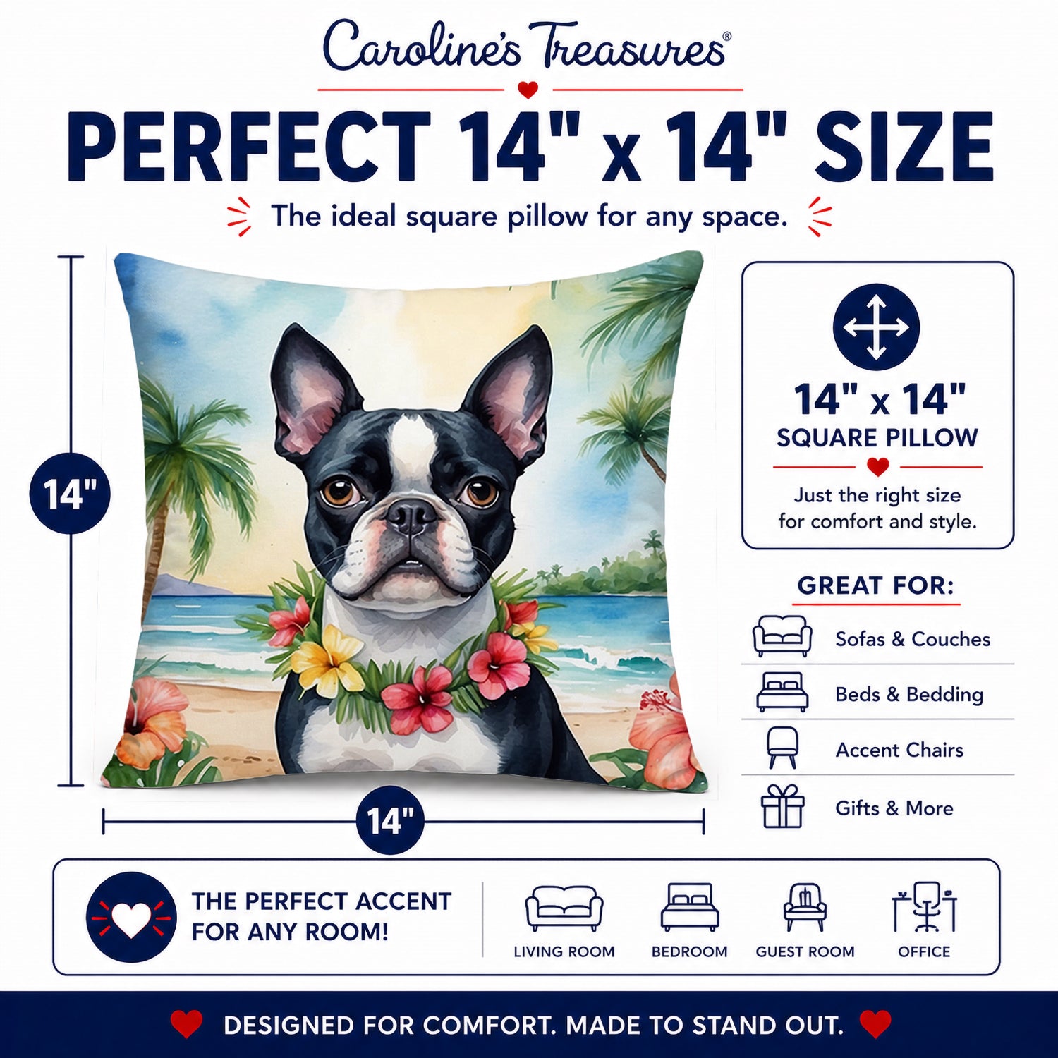 Boston Terrier Luau Decorative Throw Pillow 14x14 Indoor Outdoor Accent Cushion, Fabric Cover with Insert for Sofa, Bed, Porch & Living Room