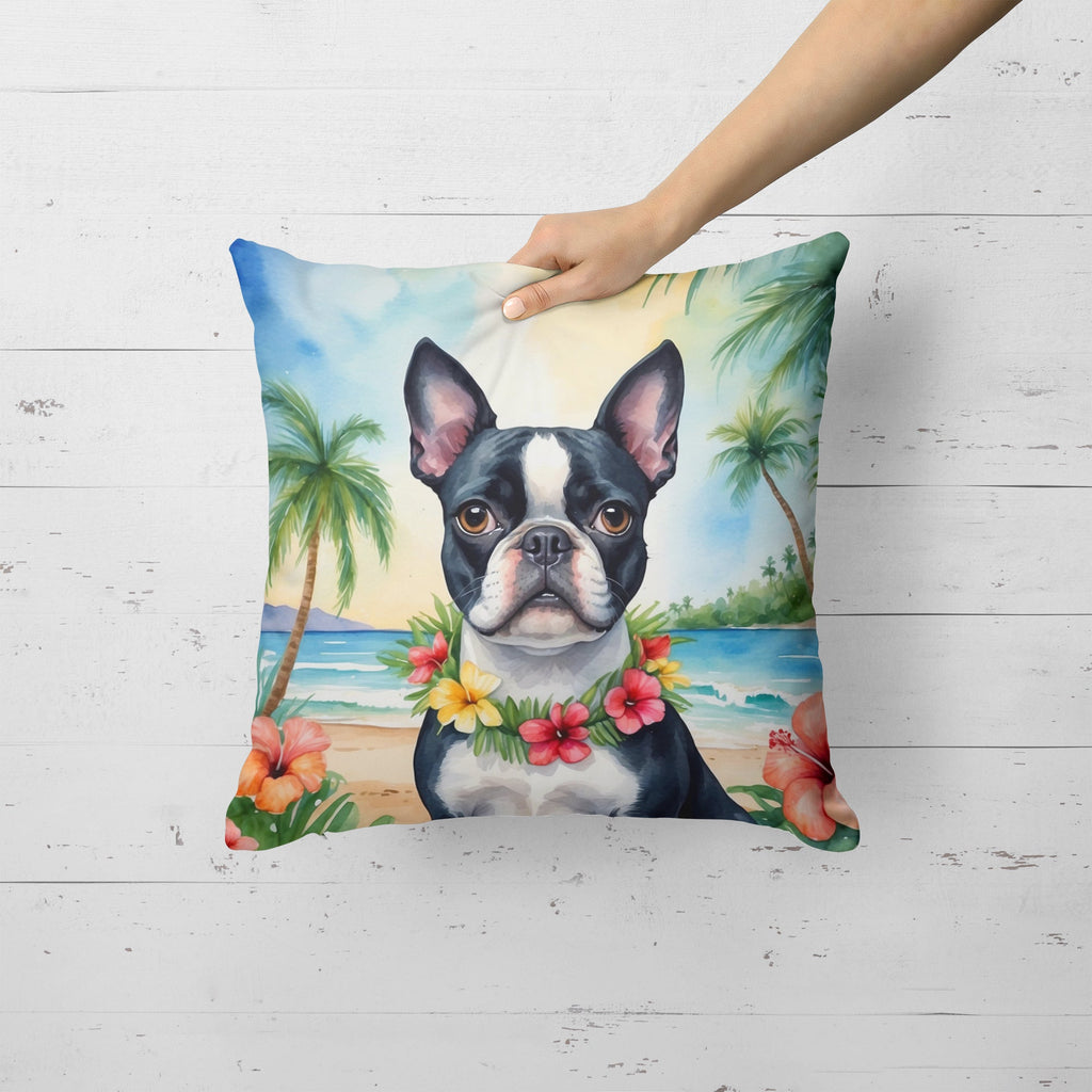 Boston Terrier Luau Decorative Throw Pillow 18x18 Indoor Outdoor Accent Cushion, Fabric Cover with Insert for Sofa, Bed, Porch & Living Room