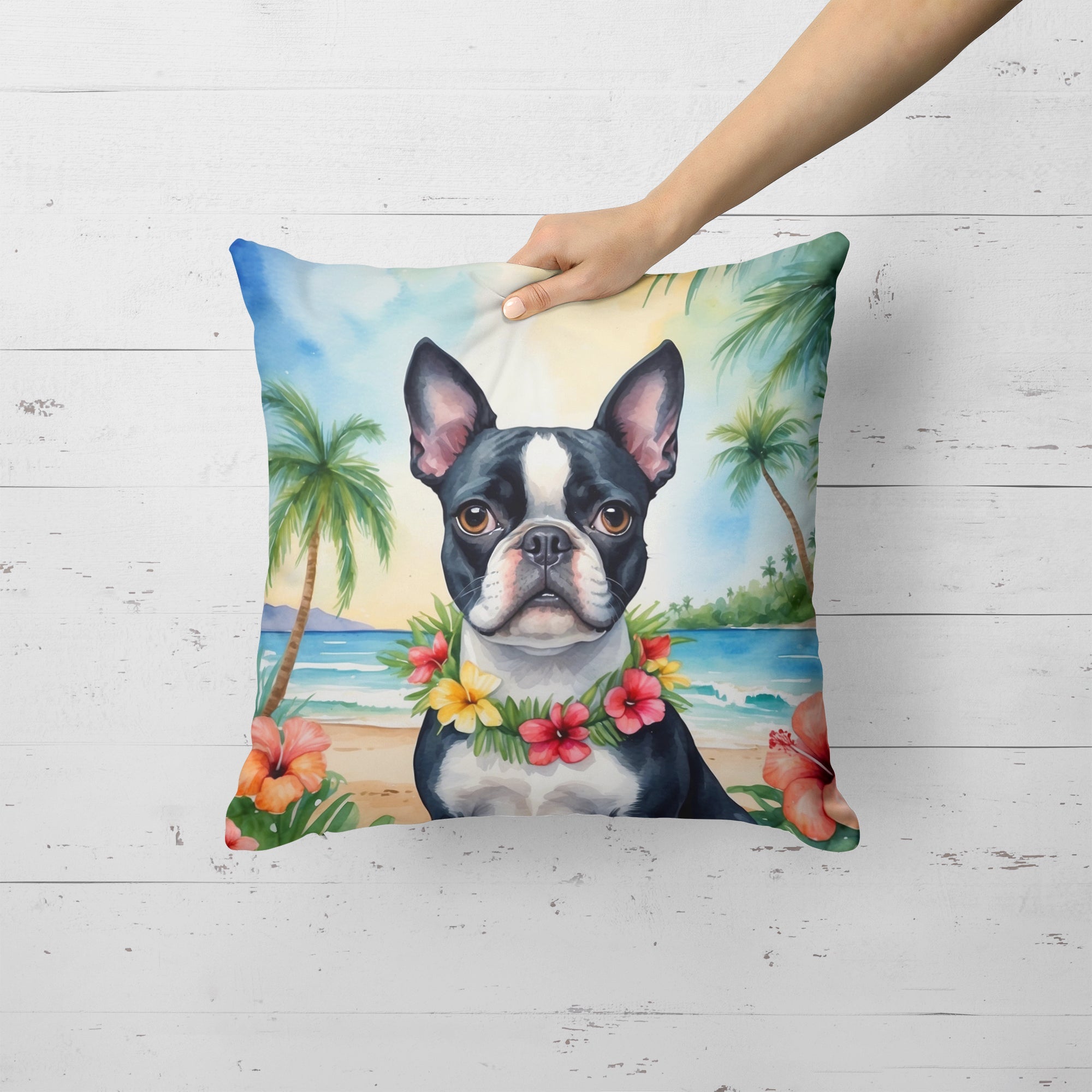 Boston Terrier Luau Decorative Throw Pillow 18x18 Indoor Outdoor Accent Cushion, Fabric Cover with Insert for Sofa, Bed, Porch & Living Room