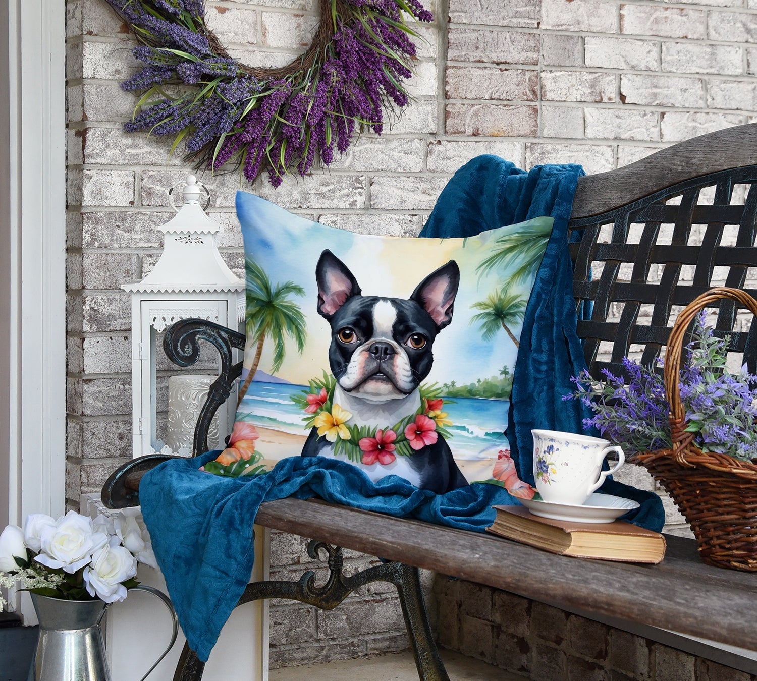 Boston Terrier Luau Decorative Throw Pillow 18x18 Indoor Outdoor Accent Cushion, Fabric Cover with Insert for Sofa, Bed, Porch & Living Room