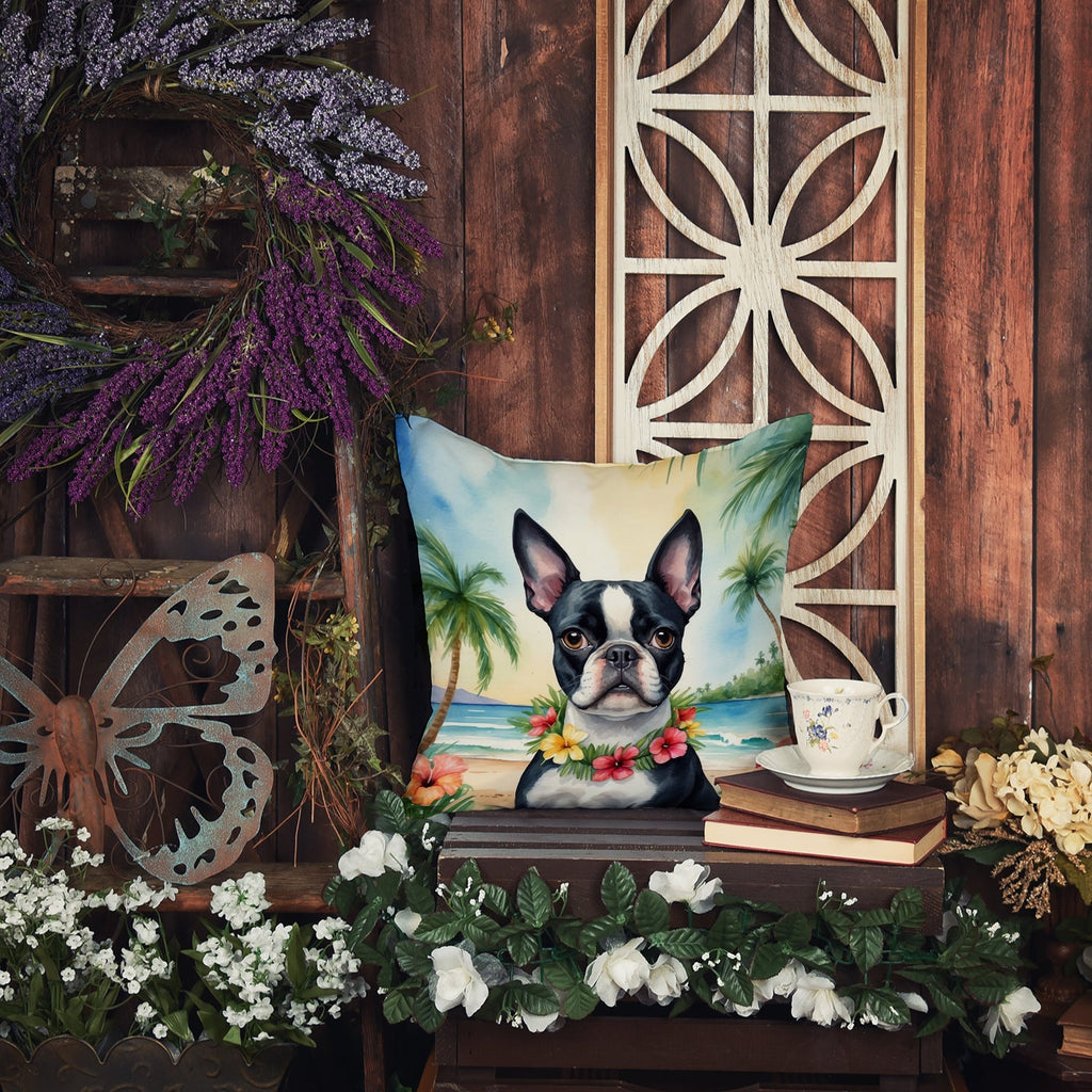 Boston Terrier Luau Decorative Throw Pillow 18x18 Indoor Outdoor Accent Cushion, Fabric Cover with Insert for Sofa, Bed, Porch & Living Room