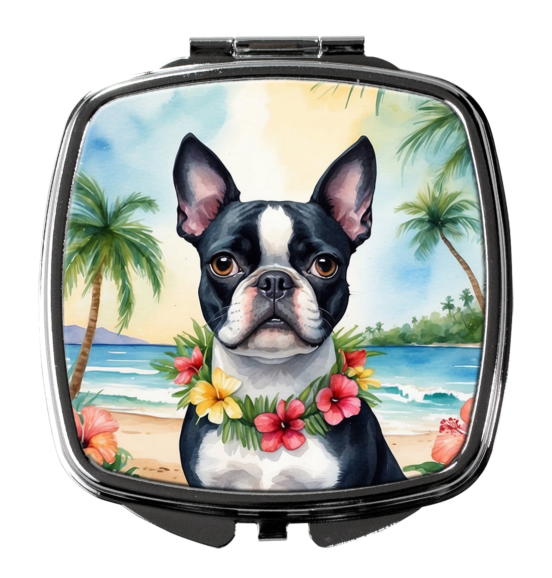 Boston Terrier Luau Compact Mirror Decorative Travel Makeup Mirror for Women Girls Gifts Pocket Makeup Mirror Folding Handheld