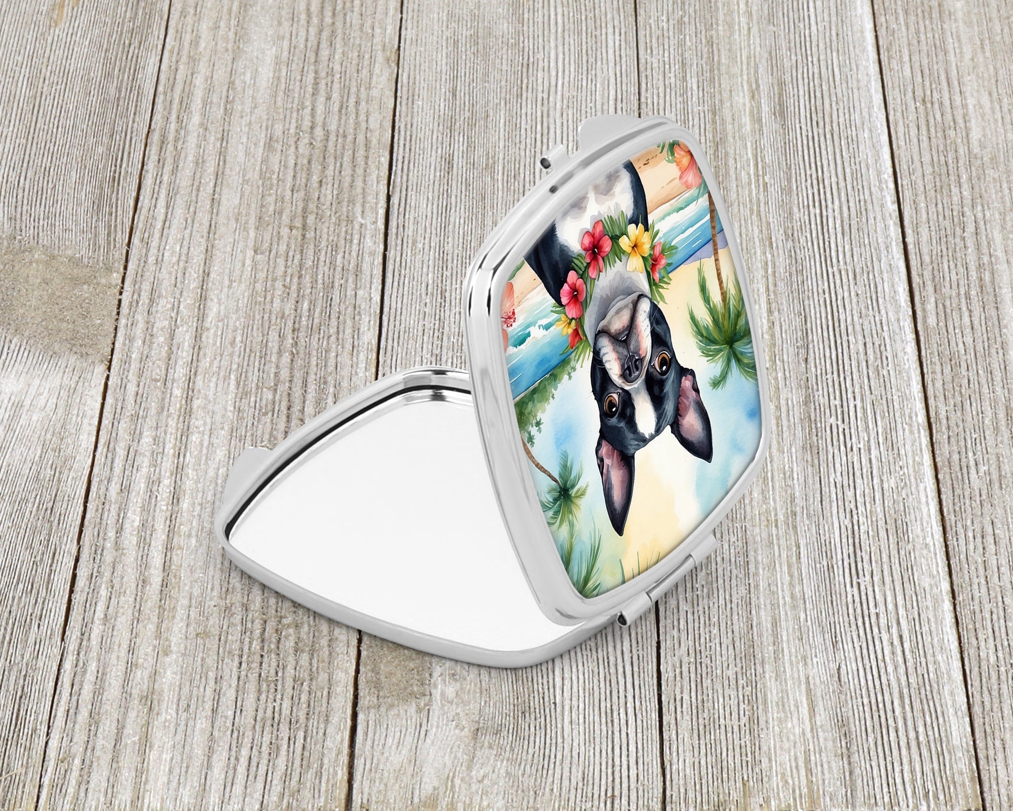 Boston Terrier Luau Compact Mirror Decorative Travel Makeup Mirror for Women Girls Gifts Pocket Makeup Mirror Folding Handheld