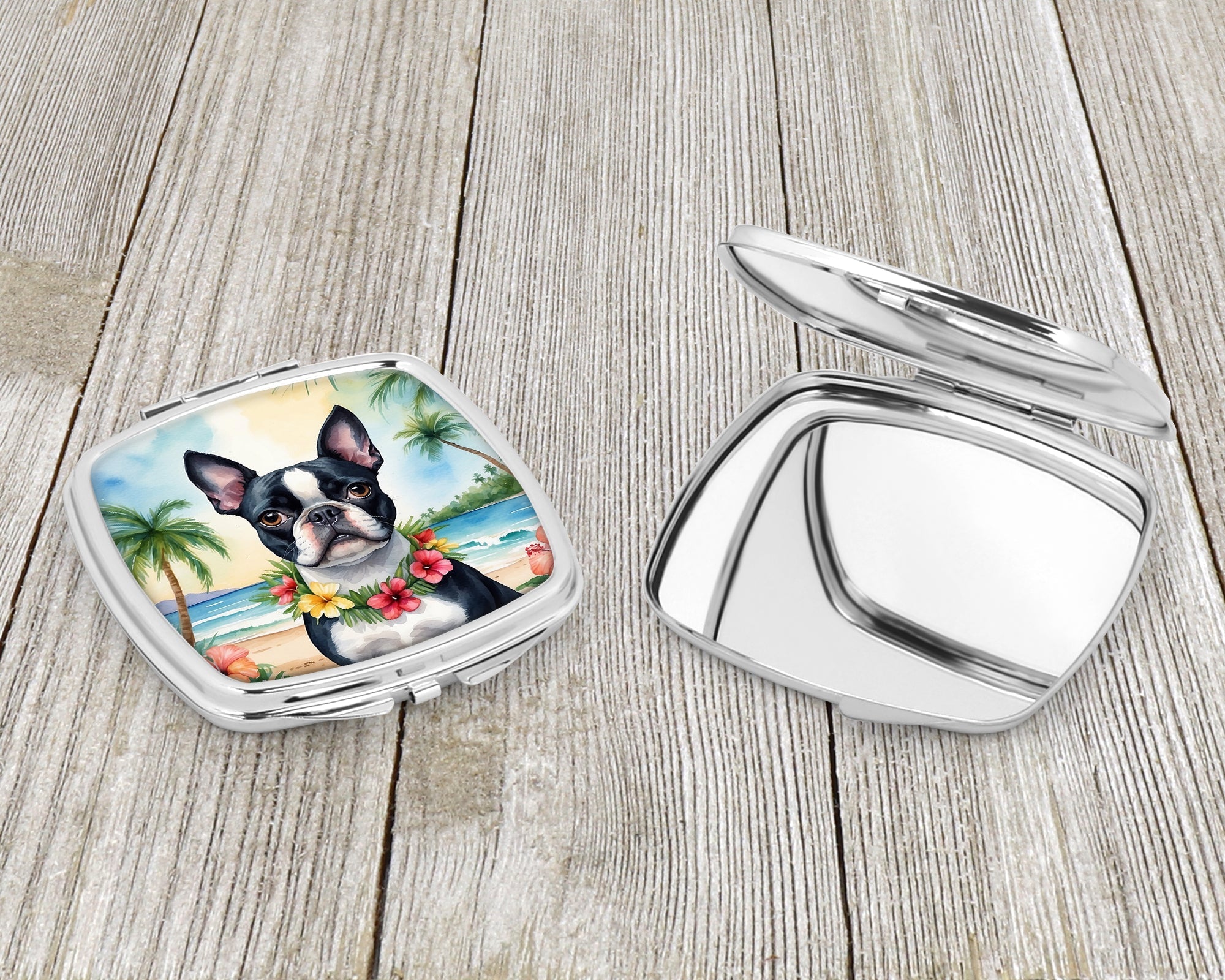 Boston Terrier Luau Compact Mirror Decorative Travel Makeup Mirror for Women Girls Gifts Pocket Makeup Mirror Folding Handheld