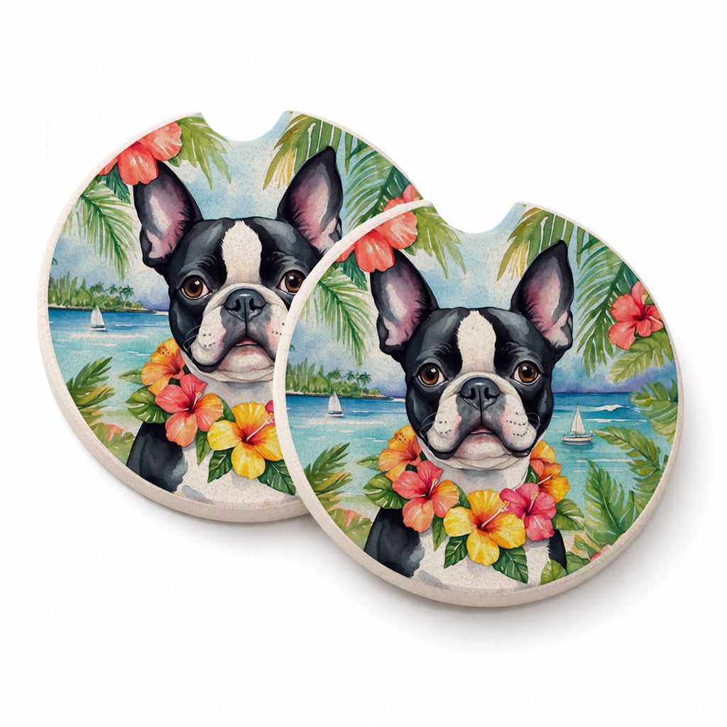 Boston Terrier Luau Set of 2 Cup Holder Car Coasters Absorbent Round Sandstone Coasters Gifts for Men or Women, 2.5, Multicolor