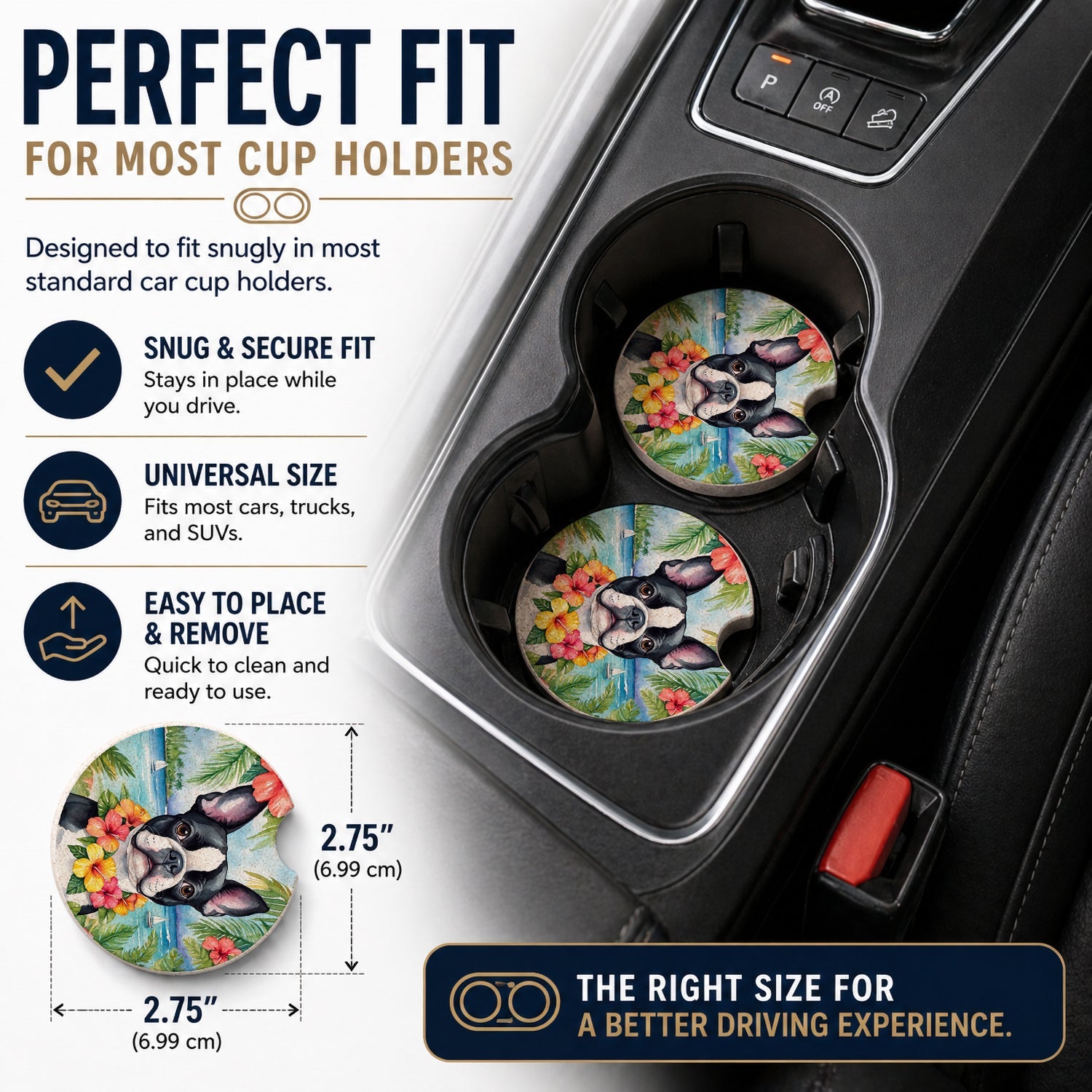Boston Terrier Luau Set of 2 Cup Holder Car Coasters Absorbent Round Sandstone Coasters Gifts for Men or Women, 2.5, Multicolor
