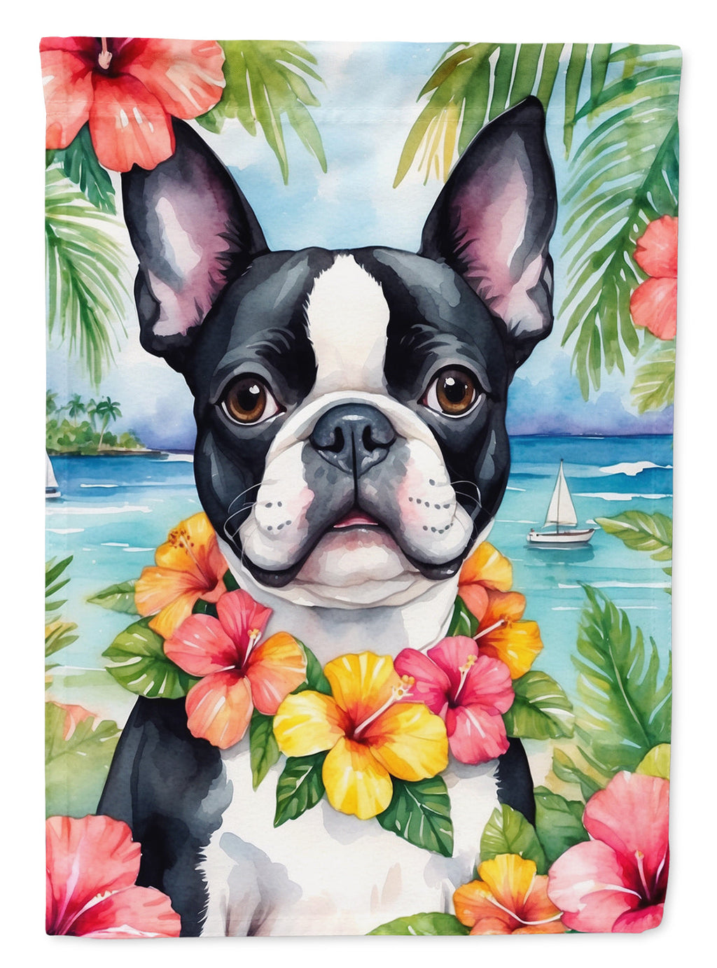 Boston Terrier Luau House Flag 28x40 Porch Sleeve Pole Decorative Outside Yard Banner Artwork Wall Hanging, Polyester