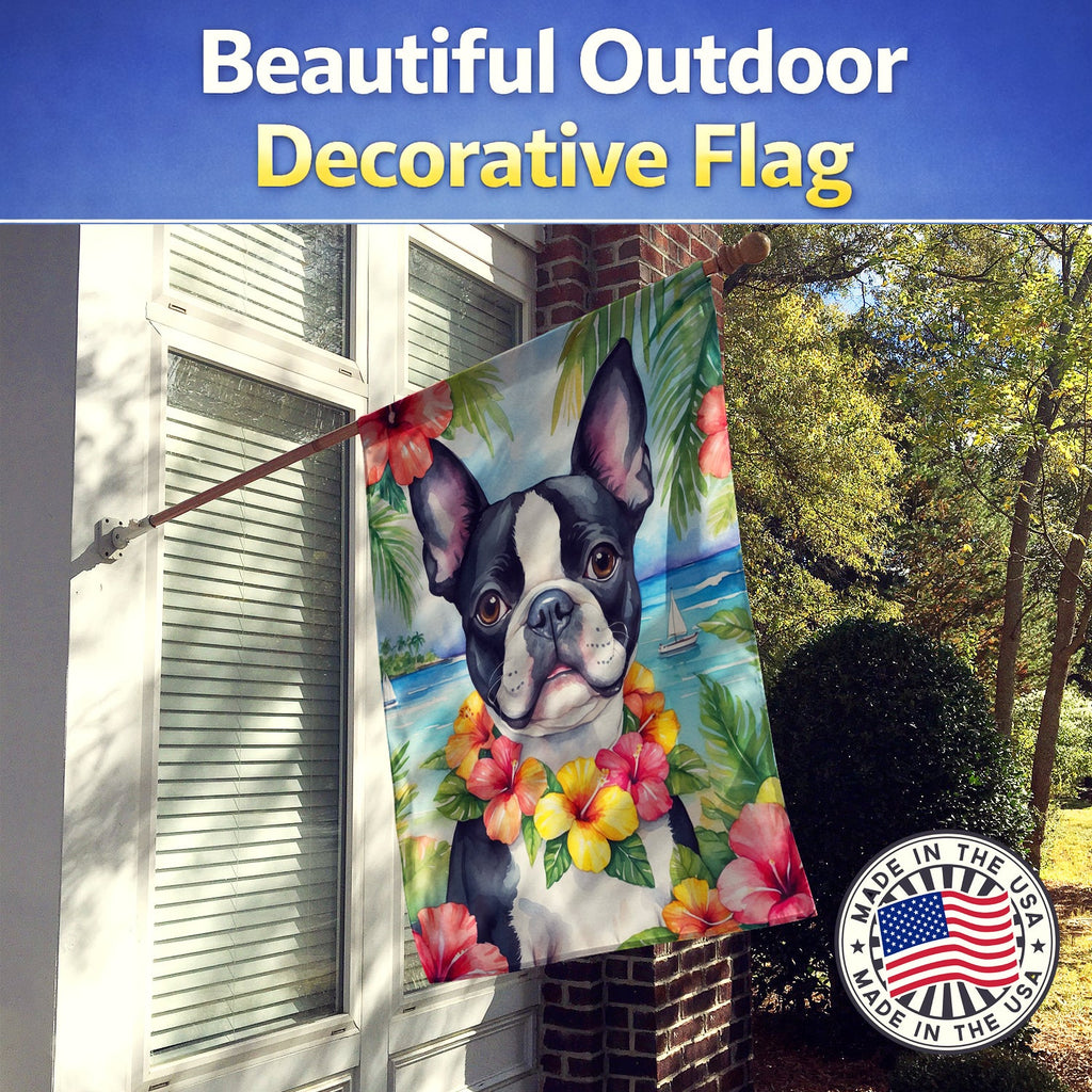 Boston Terrier Luau House Flag 28x40 Porch Sleeve Pole Decorative Outside Yard Banner Artwork Wall Hanging, Polyester