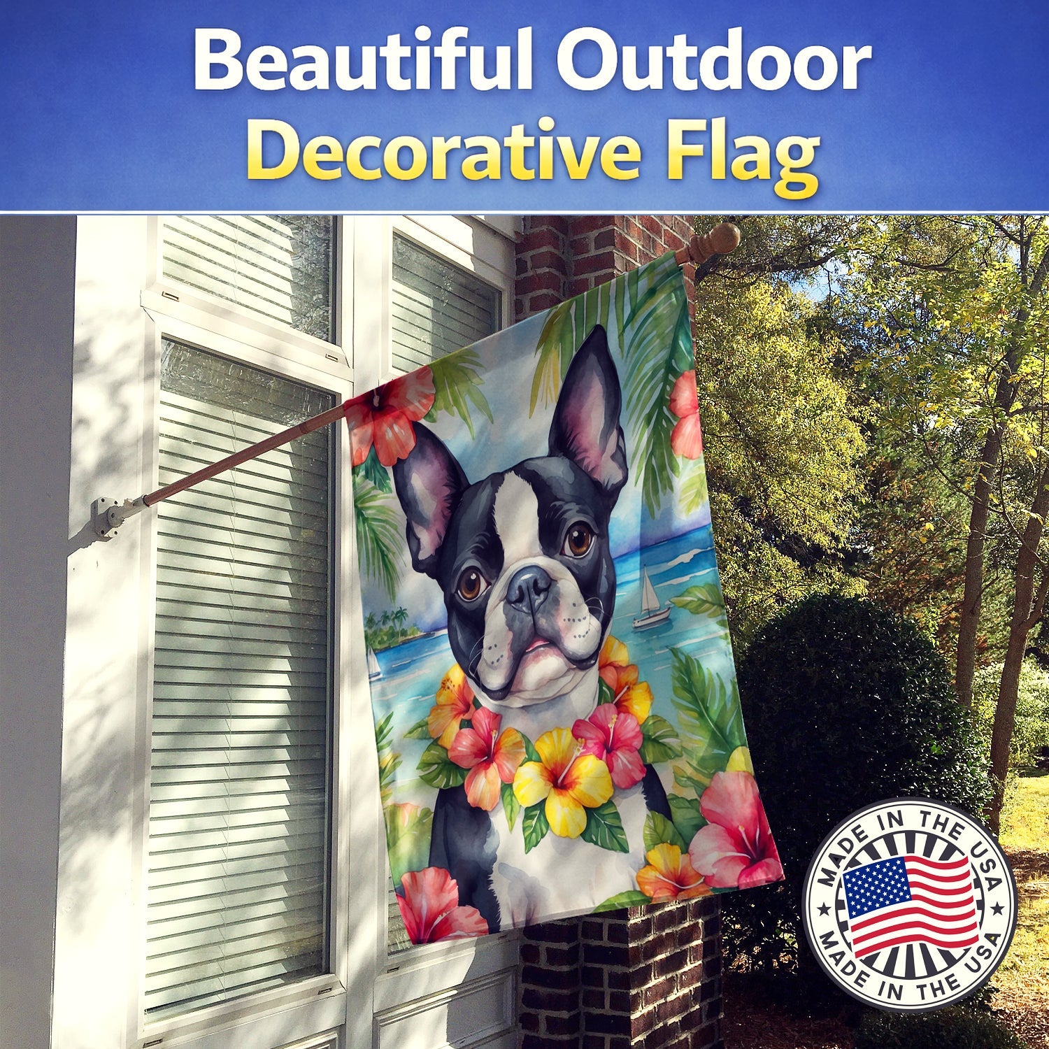 Boston Terrier Luau House Flag 28x40 Porch Sleeve Pole Decorative Outside Yard Banner Artwork Wall Hanging, Polyester