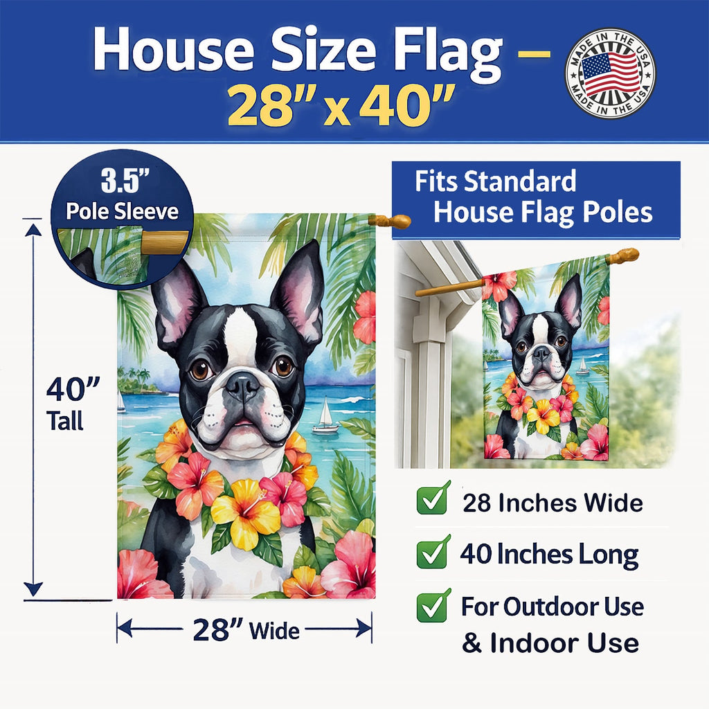 Boston Terrier Luau House Flag 28x40 Porch Sleeve Pole Decorative Outside Yard Banner Artwork Wall Hanging, Polyester