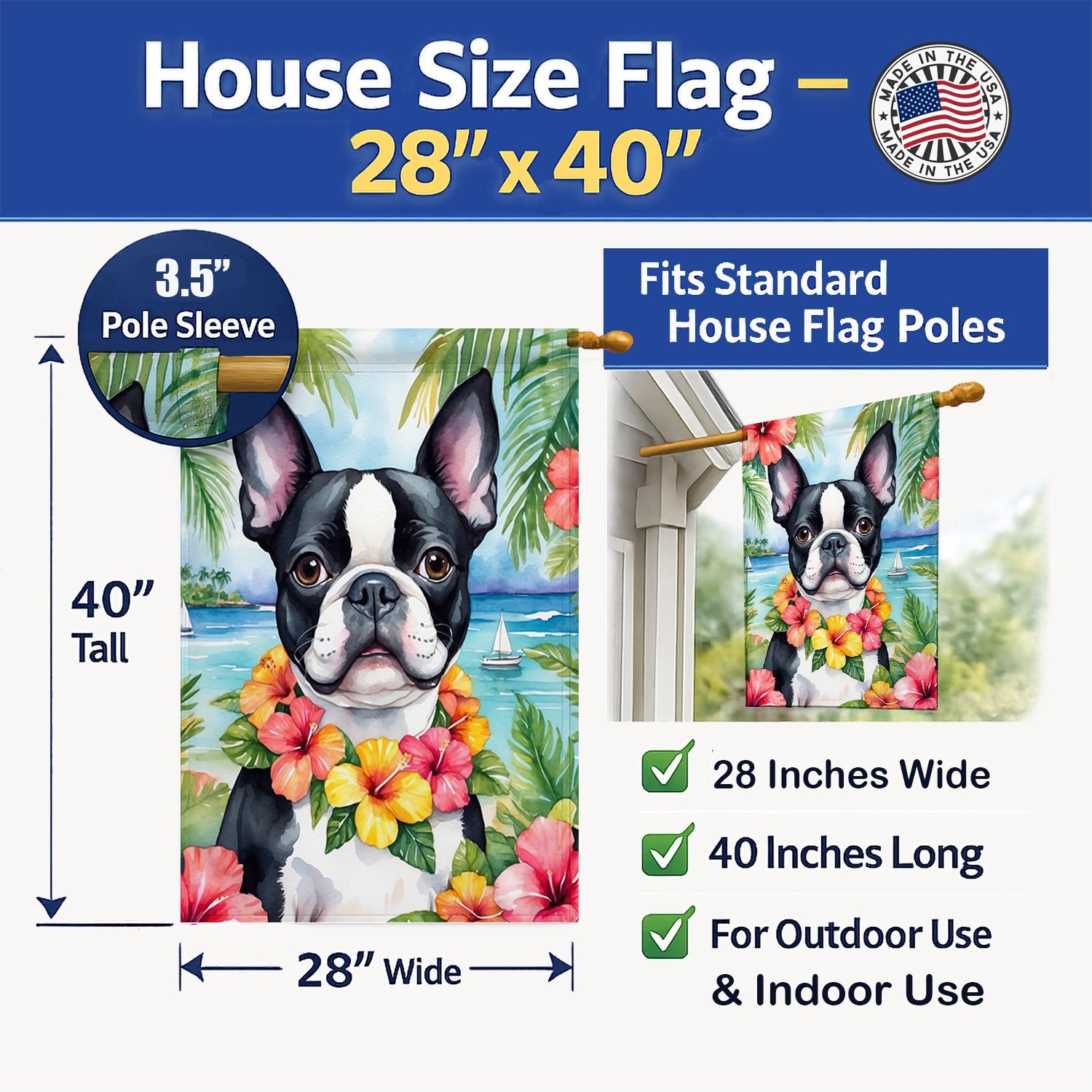 Boston Terrier Luau House Flag 28x40 Porch Sleeve Pole Decorative Outside Yard Banner Artwork Wall Hanging, Polyester
