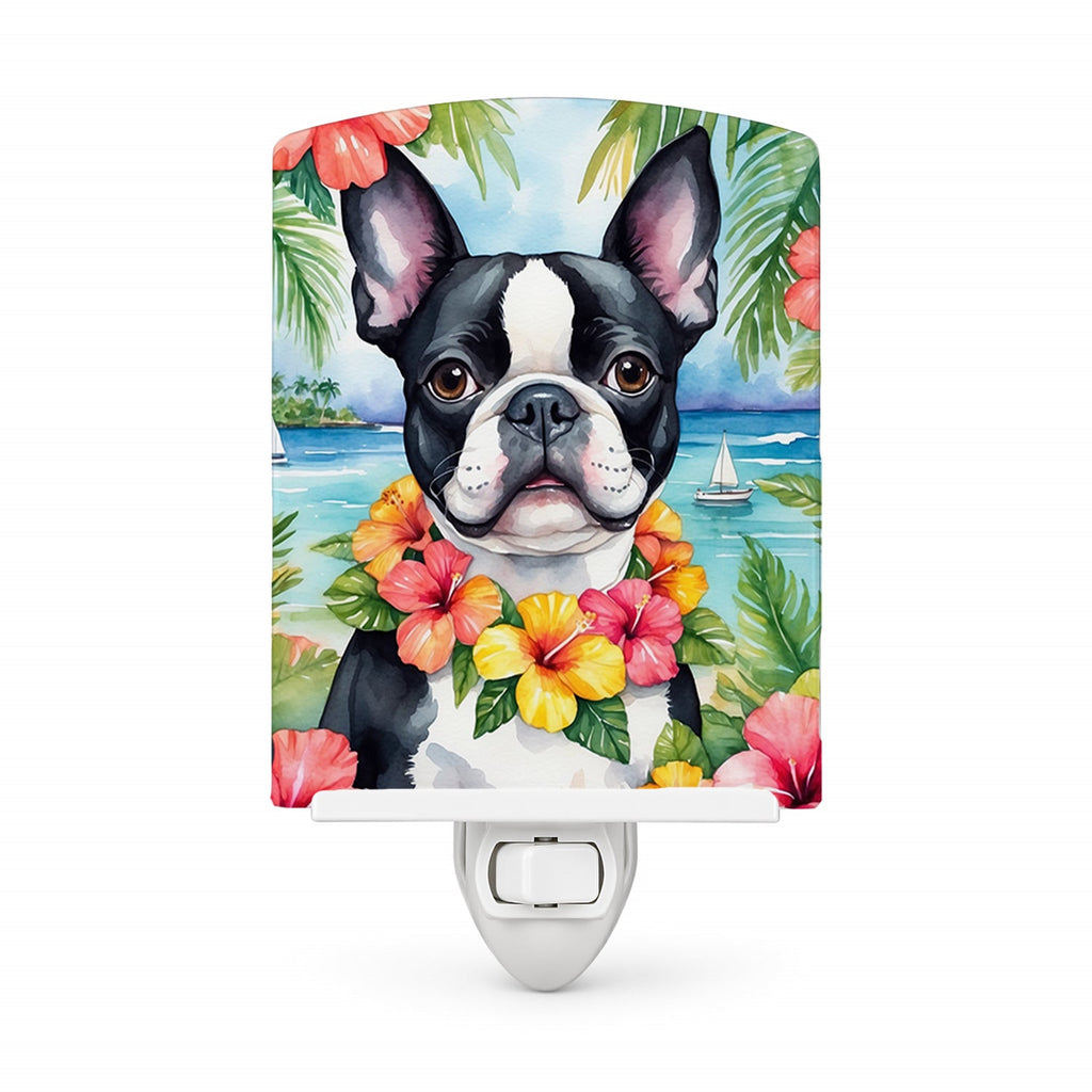 Boston Terrier Luau Ceramic Night Light Compact, UL-Certified, Ideal for Bedroom, Bathroom, Nursery, Hallway, Kitchen, 6x4x3, Multicolor