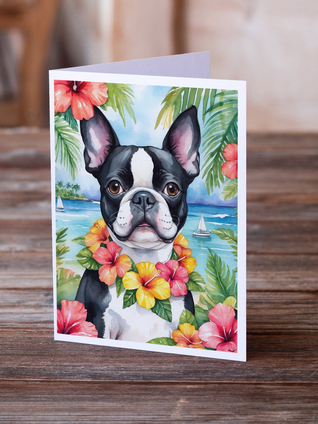 Boston Terrier Luau Greeting Cards Pack of 8 Blank Cards with Envelopes Whimsical A7 Size 5x7