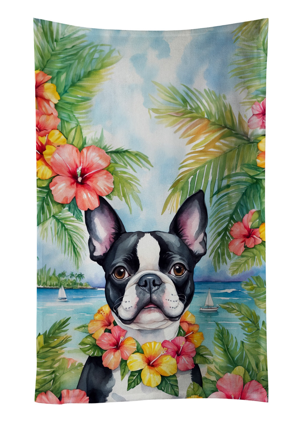 Boston Terrier Luau Kitchen Towel Velour Plush Front and Cotton Loop Back Machine Washable