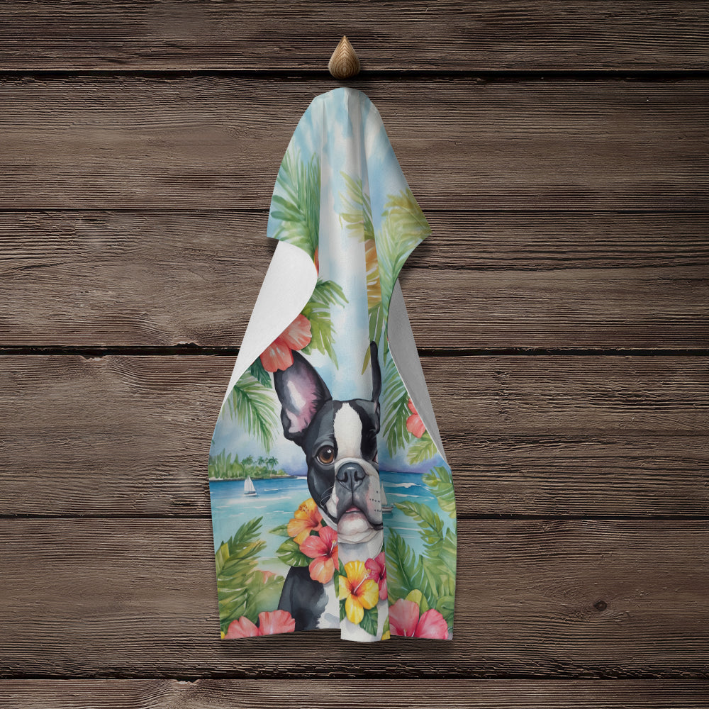 Boston Terrier Luau Kitchen Towel Velour Plush Front and Cotton Loop Back Machine Washable
