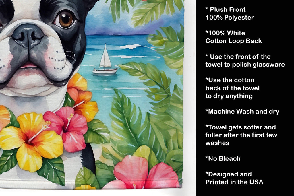Boston Terrier Luau Kitchen Towel Velour Plush Front and Cotton Loop Back Machine Washable