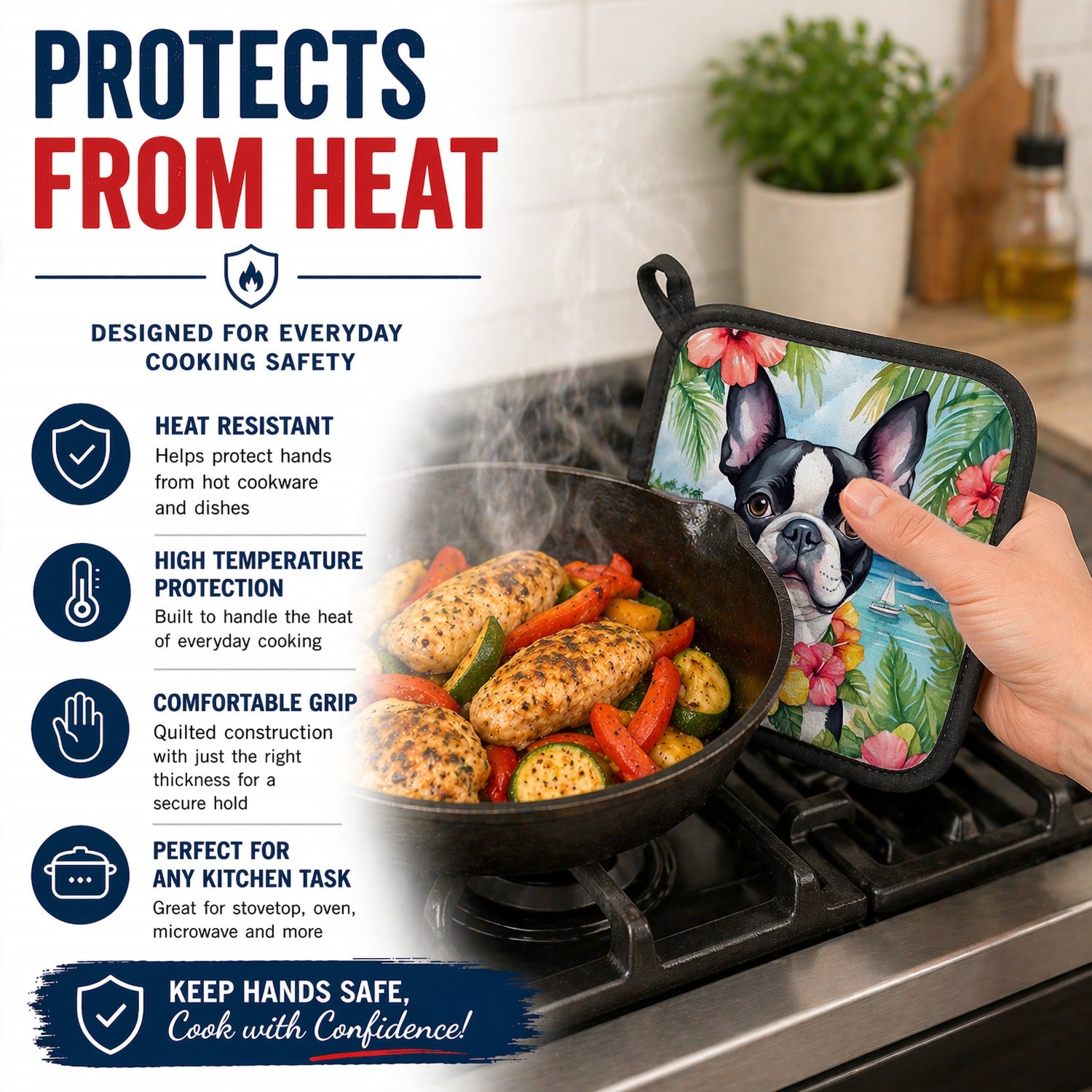 Boston Terrier Luau Pot Holder Set of 2 Heat Resistant Quilted Hot Pads 7.5 x 7.5 Inch, Insulated Kitchen Trivets for Cooking & Baking