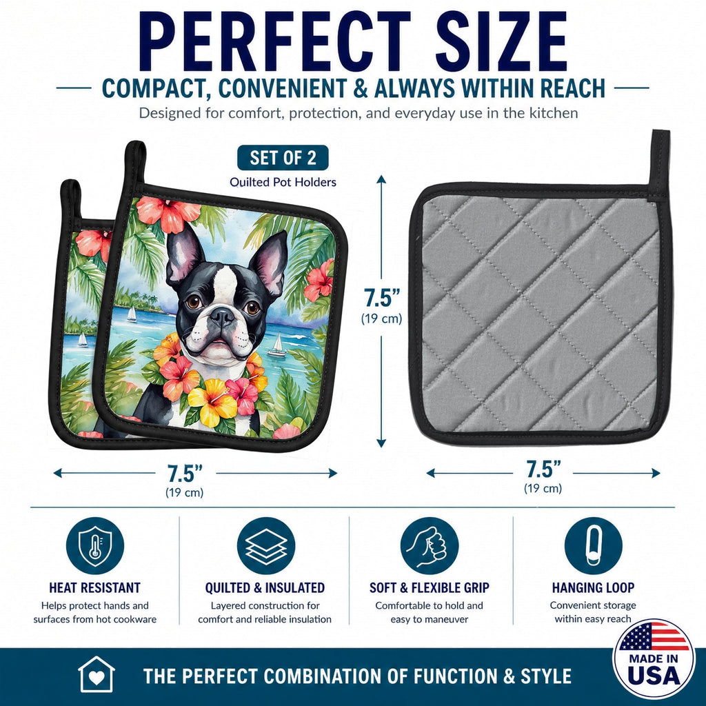 Boston Terrier Luau Pot Holder Set of 2 Heat Resistant Quilted Hot Pads 7.5 x 7.5 Inch, Insulated Kitchen Trivets for Cooking & Baking
