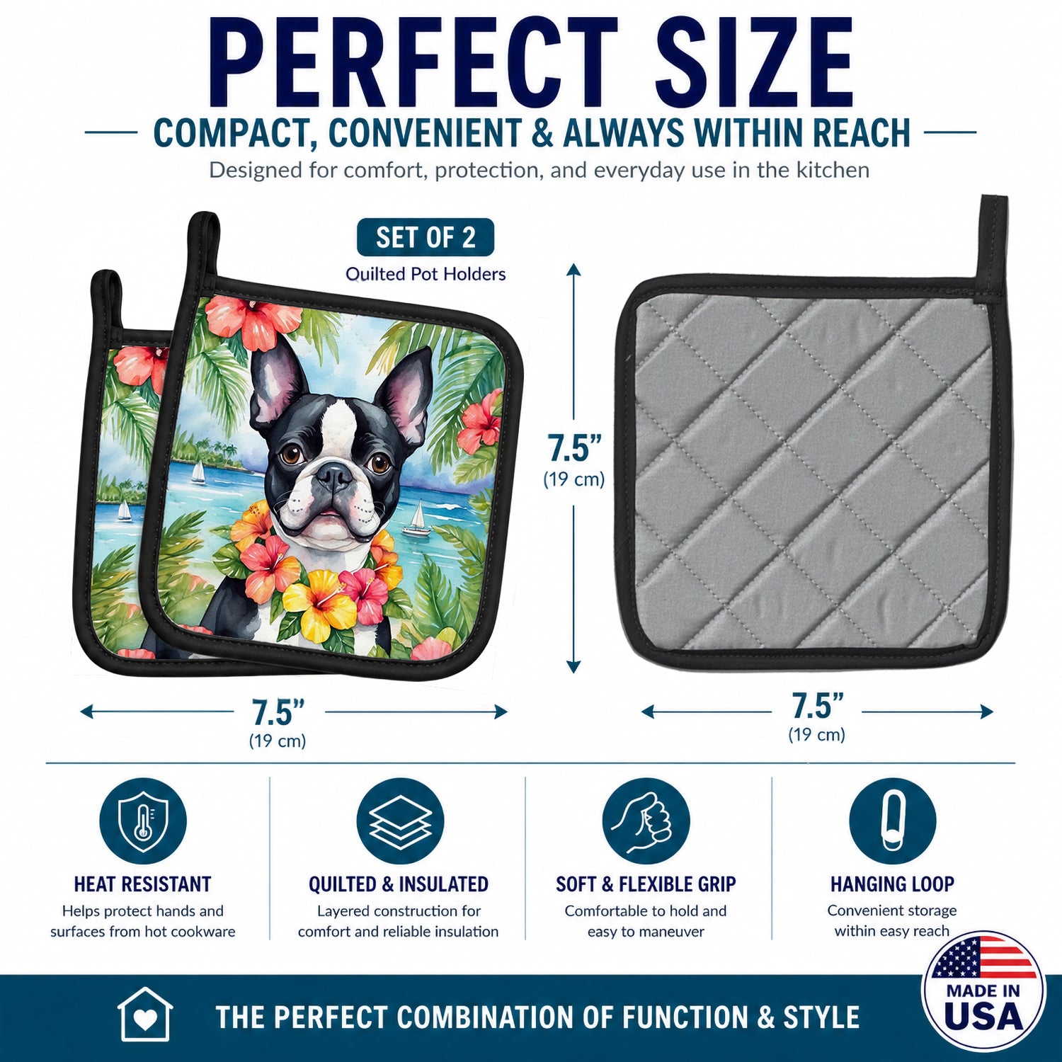 Boston Terrier Luau Pot Holder Set of 2 Heat Resistant Quilted Hot Pads 7.5 x 7.5 Inch, Insulated Kitchen Trivets for Cooking & Baking