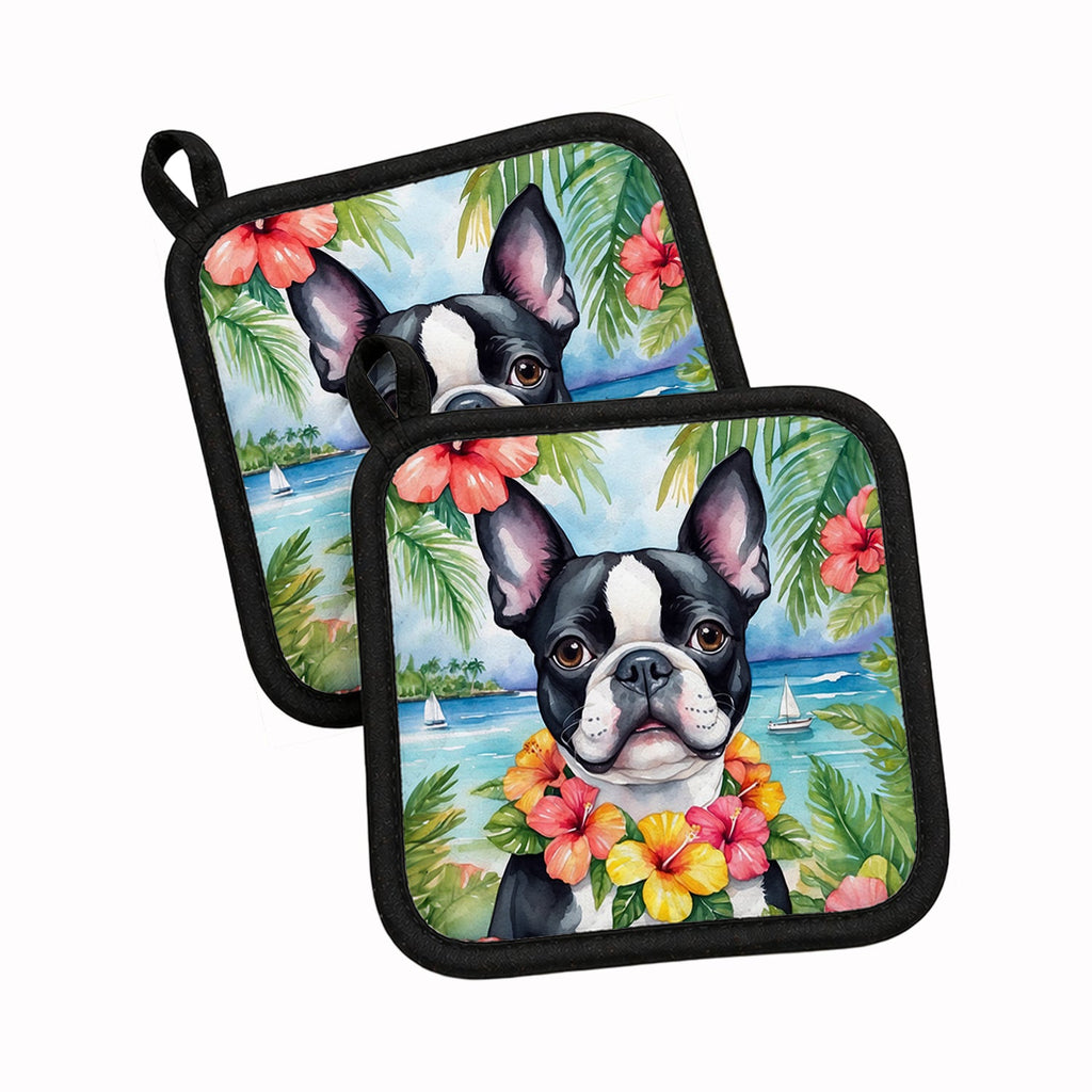 Boston Terrier Luau Pot Holder Set of 2 Heat Resistant Quilted Hot Pads 7.5 x 7.5 Inch, Insulated Kitchen Trivets for Cooking & Baking