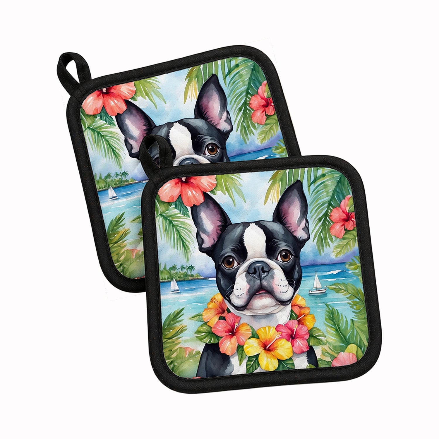Boston Terrier Luau Pot Holder Set of 2 Heat Resistant Quilted Hot Pads 7.5 x 7.5 Inch, Insulated Kitchen Trivets for Cooking & Baking