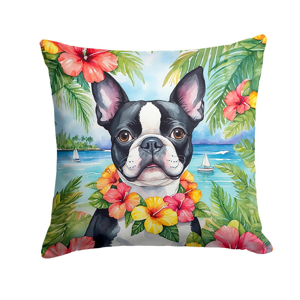 Boston Terrier Luau Decorative Throw Pillow 14x14 Indoor Outdoor Accent Cushion, Fabric Cover with Insert for Sofa, Bed, Porch & Living Room