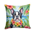 Boston Terrier Luau Decorative Throw Pillow 14x14 Indoor Outdoor Accent Cushion, Fabric Cover with Insert for Sofa, Bed, Porch & Living Room