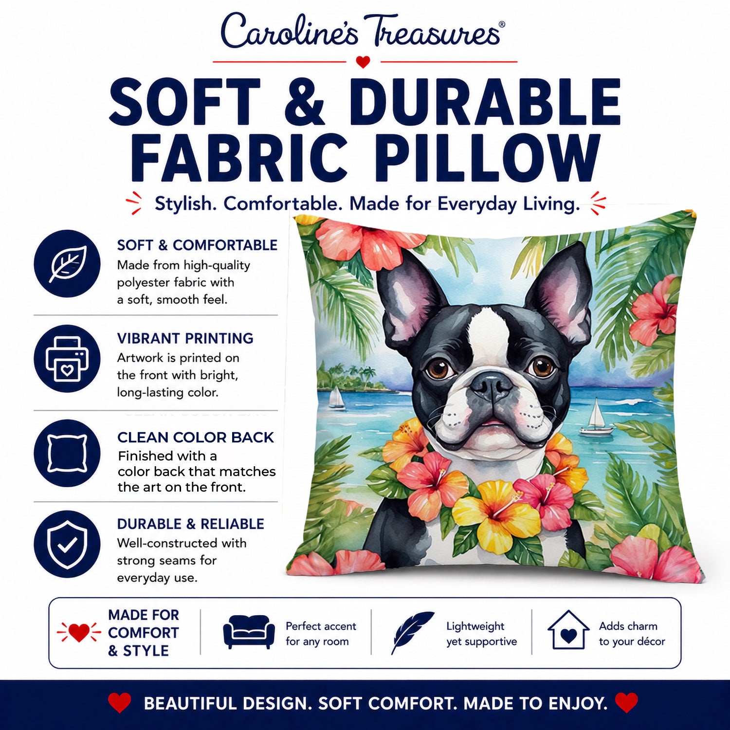 Boston Terrier Luau Decorative Throw Pillow 14x14 Indoor Outdoor Accent Cushion, Fabric Cover with Insert for Sofa, Bed, Porch & Living Room