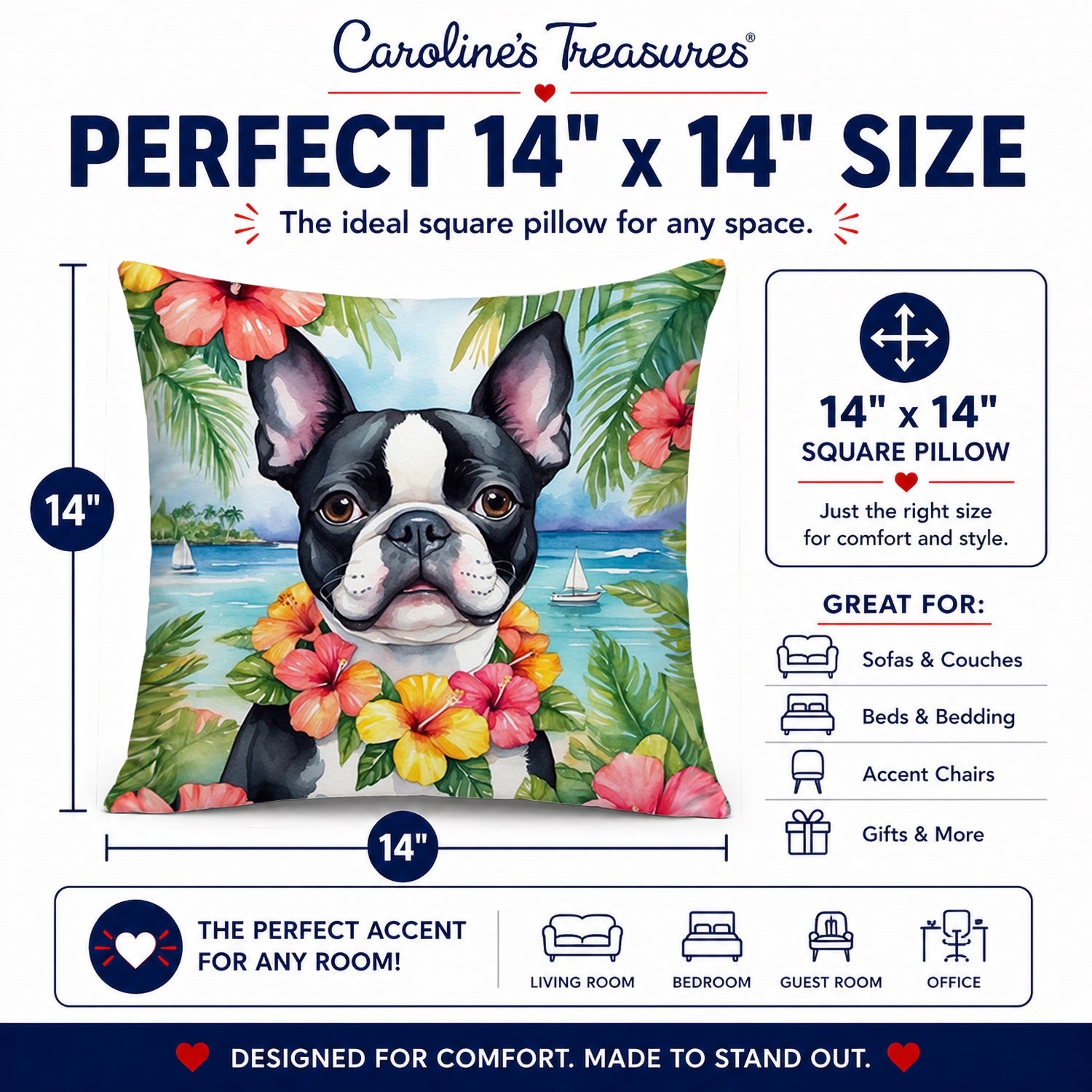 Boston Terrier Luau Decorative Throw Pillow 14x14 Indoor Outdoor Accent Cushion, Fabric Cover with Insert for Sofa, Bed, Porch & Living Room