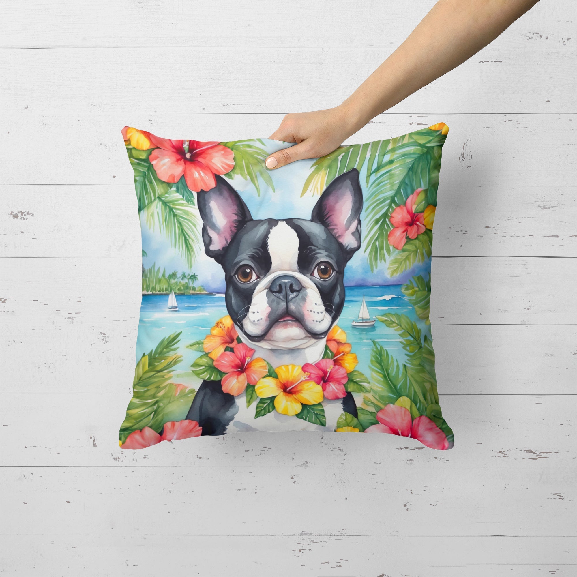 Boston Terrier Luau Decorative Throw Pillow 18x18 Indoor Outdoor Accent Cushion, Fabric Cover with Insert for Sofa, Bed, Porch & Living Room