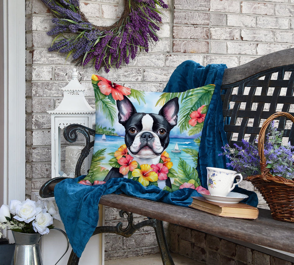 Boston Terrier Luau Decorative Throw Pillow 18x18 Indoor Outdoor Accent Cushion, Fabric Cover with Insert for Sofa, Bed, Porch & Living Room