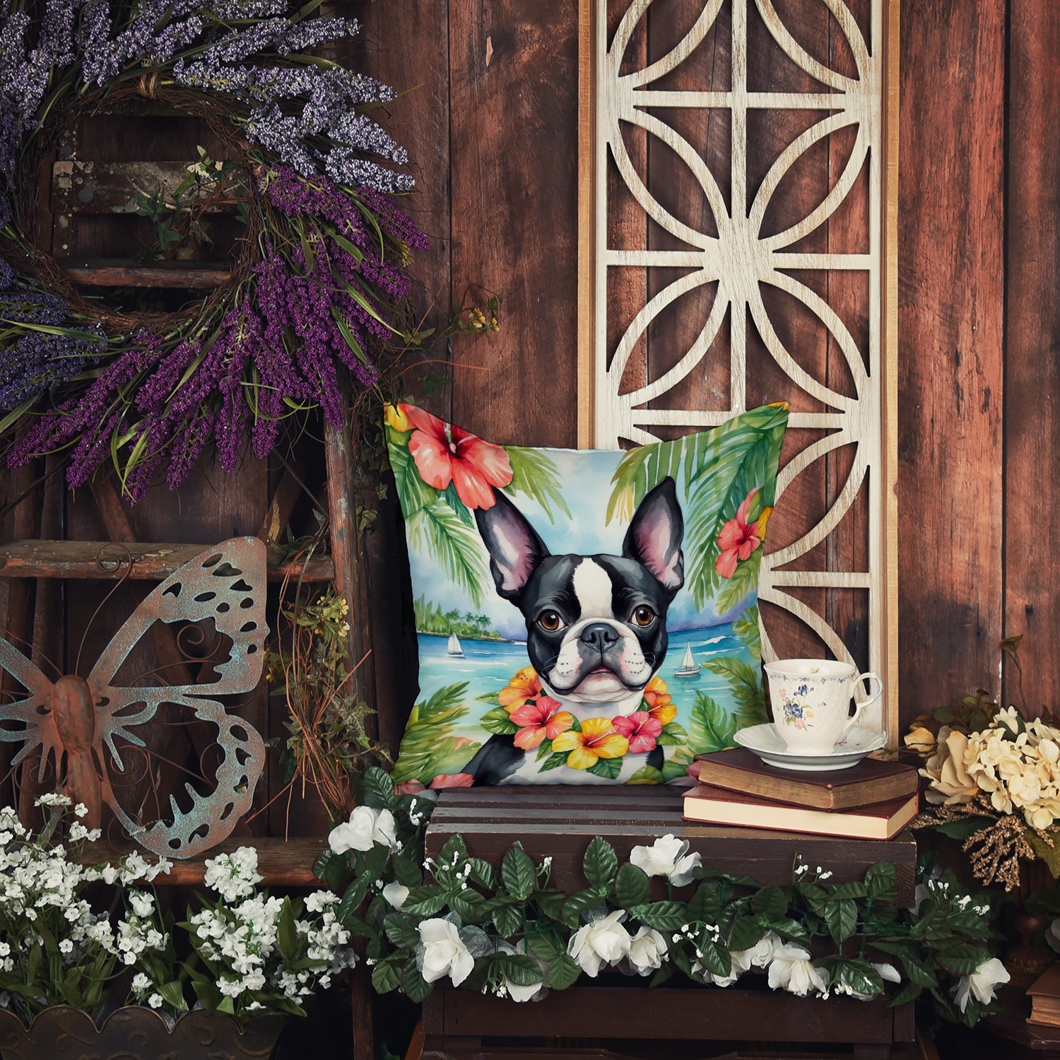 Boston Terrier Luau Decorative Throw Pillow 18x18 Indoor Outdoor Accent Cushion, Fabric Cover with Insert for Sofa, Bed, Porch & Living Room