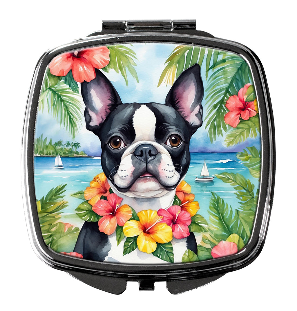 Boston Terrier Luau Compact Mirror Decorative Travel Makeup Mirror for Women Girls Gifts Pocket Makeup Mirror Folding Handheld