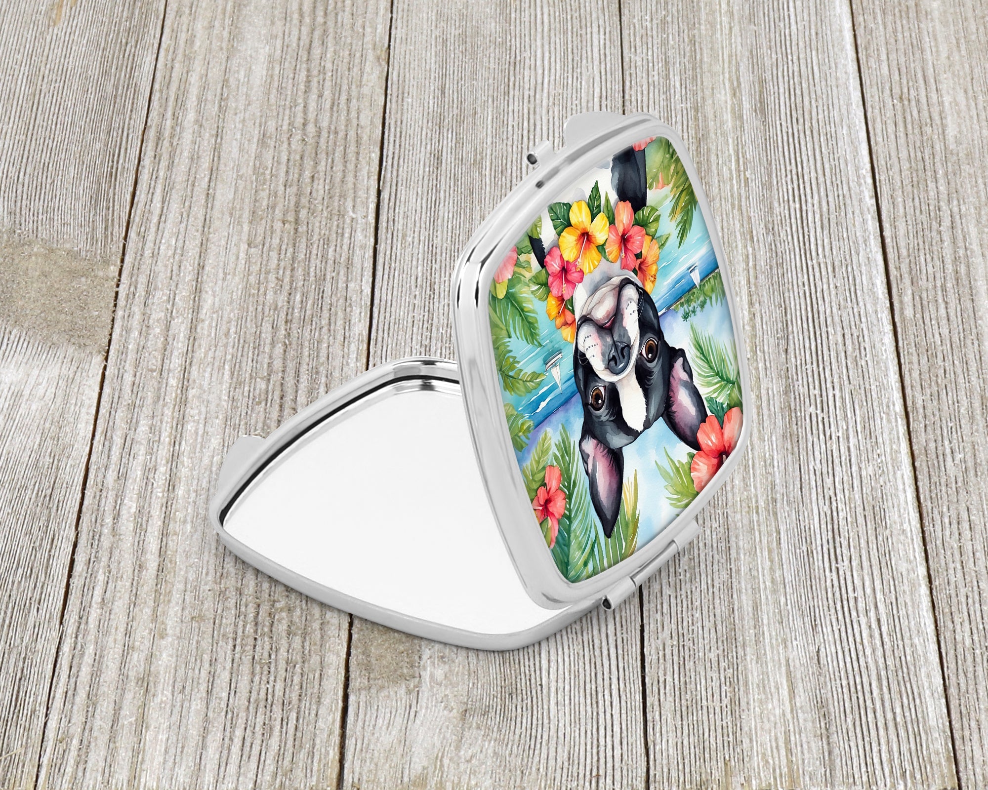 Boston Terrier Luau Compact Mirror Decorative Travel Makeup Mirror for Women Girls Gifts Pocket Makeup Mirror Folding Handheld