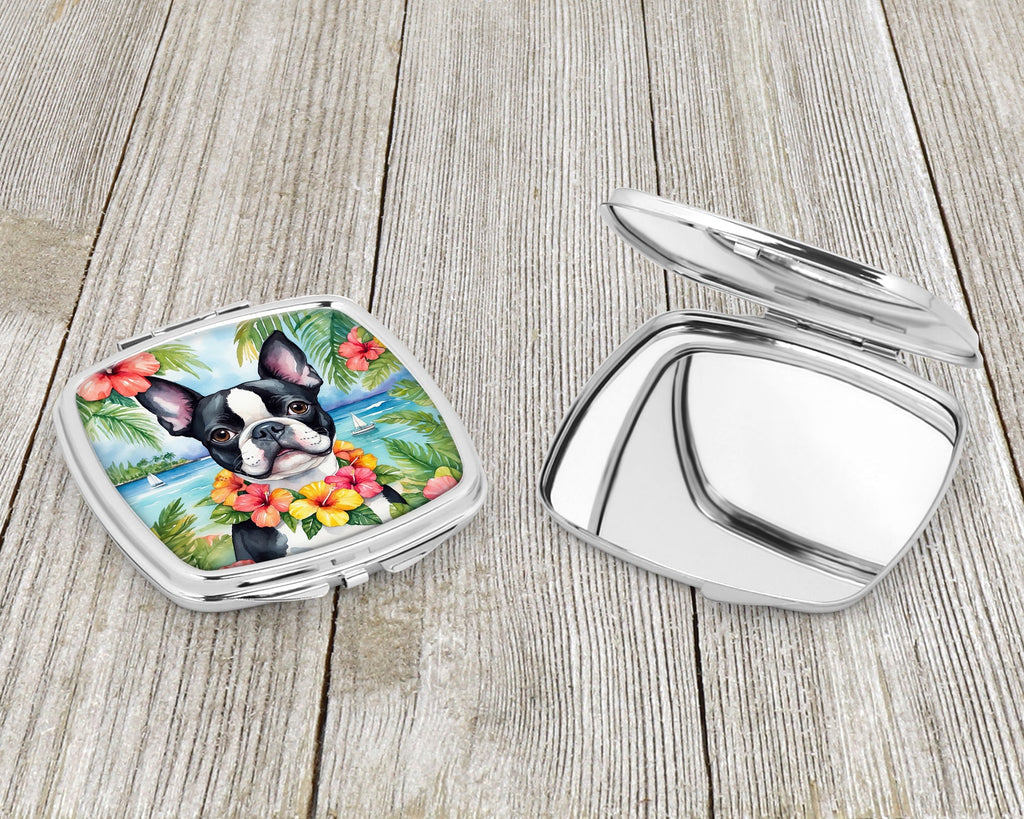 Boston Terrier Luau Compact Mirror Decorative Travel Makeup Mirror for Women Girls Gifts Pocket Makeup Mirror Folding Handheld