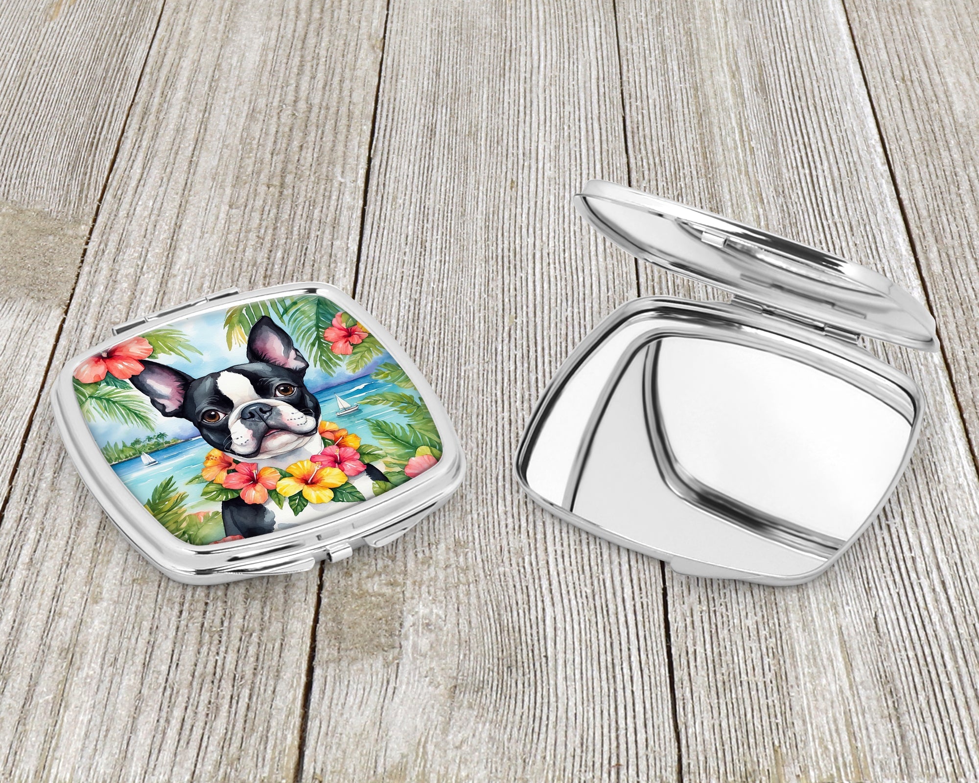 Boston Terrier Luau Compact Mirror Decorative Travel Makeup Mirror for Women Girls Gifts Pocket Makeup Mirror Folding Handheld