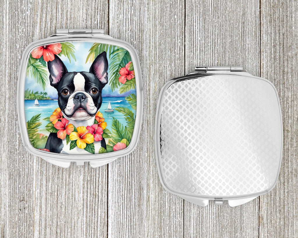 Boston Terrier Luau Compact Mirror Decorative Travel Makeup Mirror for Women Girls Gifts Pocket Makeup Mirror Folding Handheld
